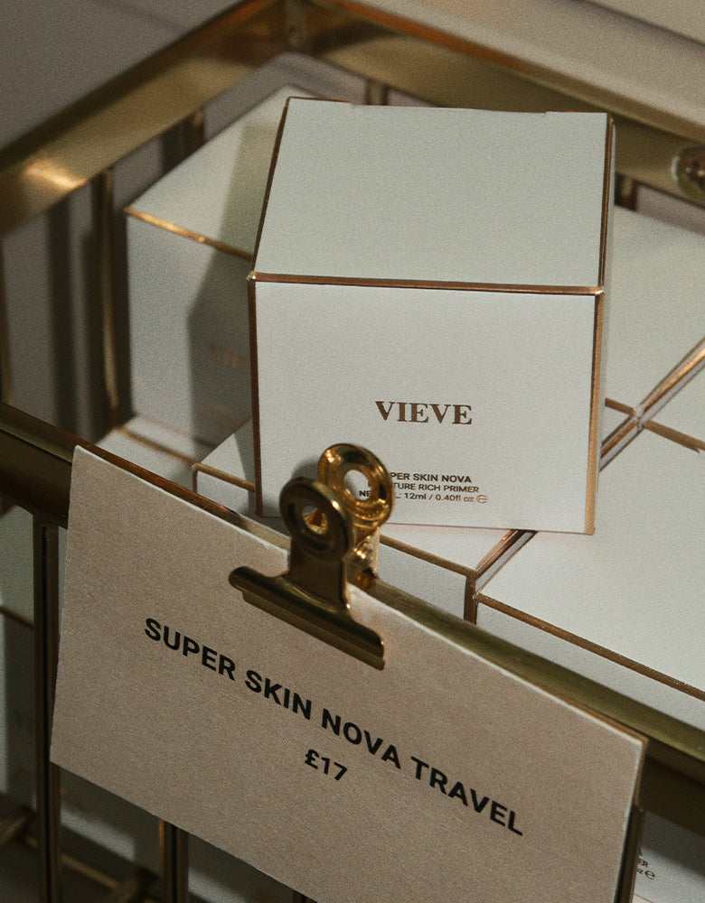 A boxed travel-size VIEVE Super Skin Nova Moisture Rich Primer, 12ml, in a gold wire display basket, with a clipped card reading 