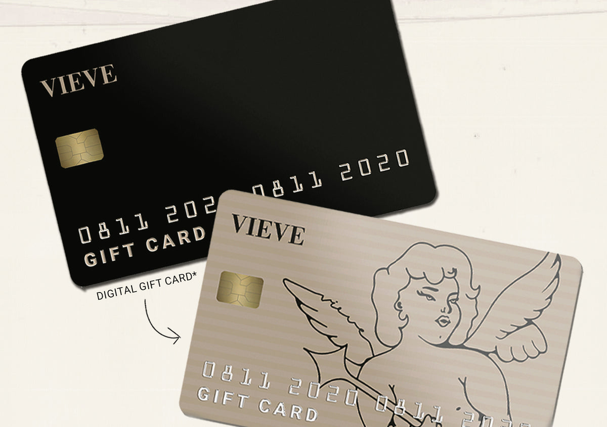 VIEVE gift cards: a black card and a champagne card with the VIEVE cherub illustration. A handwritten arrow labels the champagne card as the digital gift card.