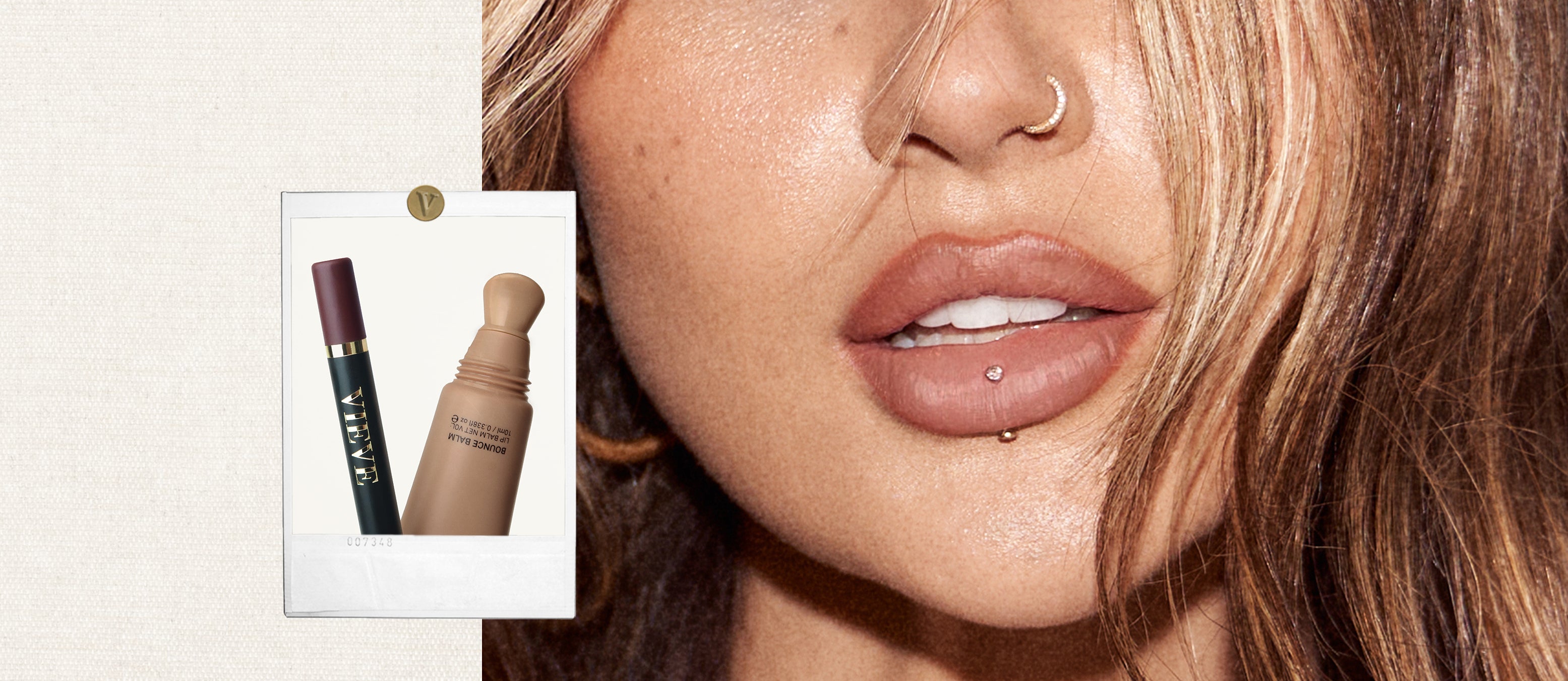 Close-up of Jamie Genevieve's lower face with nose and lip piercings, layered with a Polaroid-style photo of two Vieve beauty products — a Modern Lip Definer and a Bounce Balm lip balm.